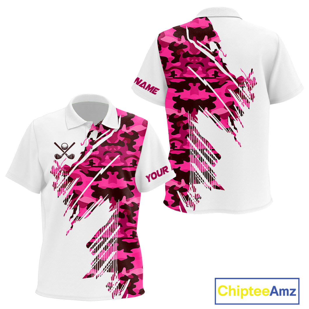 Personalized Kid golf polo shirts custom white and pink camo Kid golf apparel, golfing gifts NQS10335