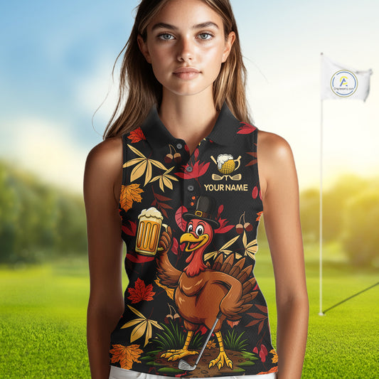 Funny Turkey Golf Beer Thanksgiving golf shirt Custom Funny womens sleeveless polo shirts NQS10964