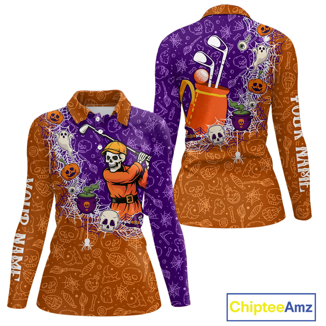 Halloween Skull Playing Golf Women Golf Polo Shirt Custom Halloween golf outfit For Ladies Golf Gifts NQS10340