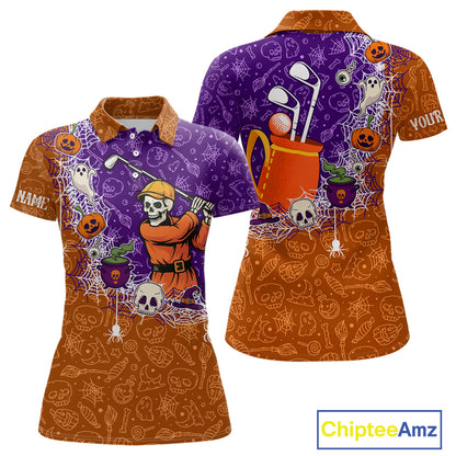 Halloween Skull Playing Golf Women Golf Polo Shirt Custom Halloween golf outfit For Ladies Golf Gifts NQS10340