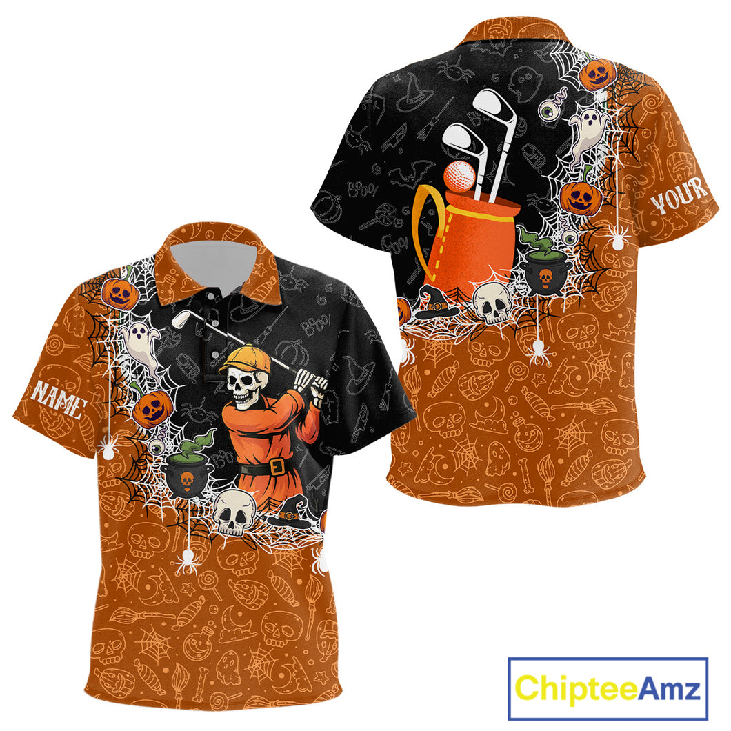 Halloween Skull Playing Golf Kid Golf Polo Shirt Custom black & orange Halloween Kid golf outfit NQS10341