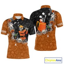 Load image into Gallery viewer, Halloween Skull Playing Golf Mens Golf Polo Shirt Custom black and orange Halloween mens golf outfit NQS10341