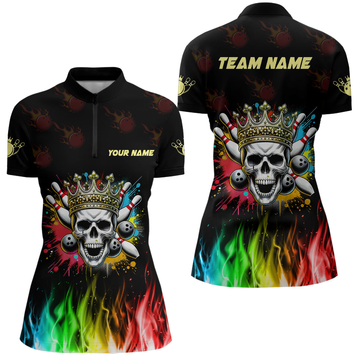 Colorful Flame Skull Bowling Polo, Quarter Zip Shirt For Women Custom Bowling Team League Jerseys NQS8402