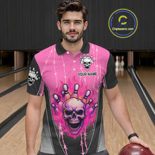 Load image into Gallery viewer, Black and pink flame skull Bowling Polo, 1/4 Zip Shirt for men Custom Team Bowling League Jersey NQS10203