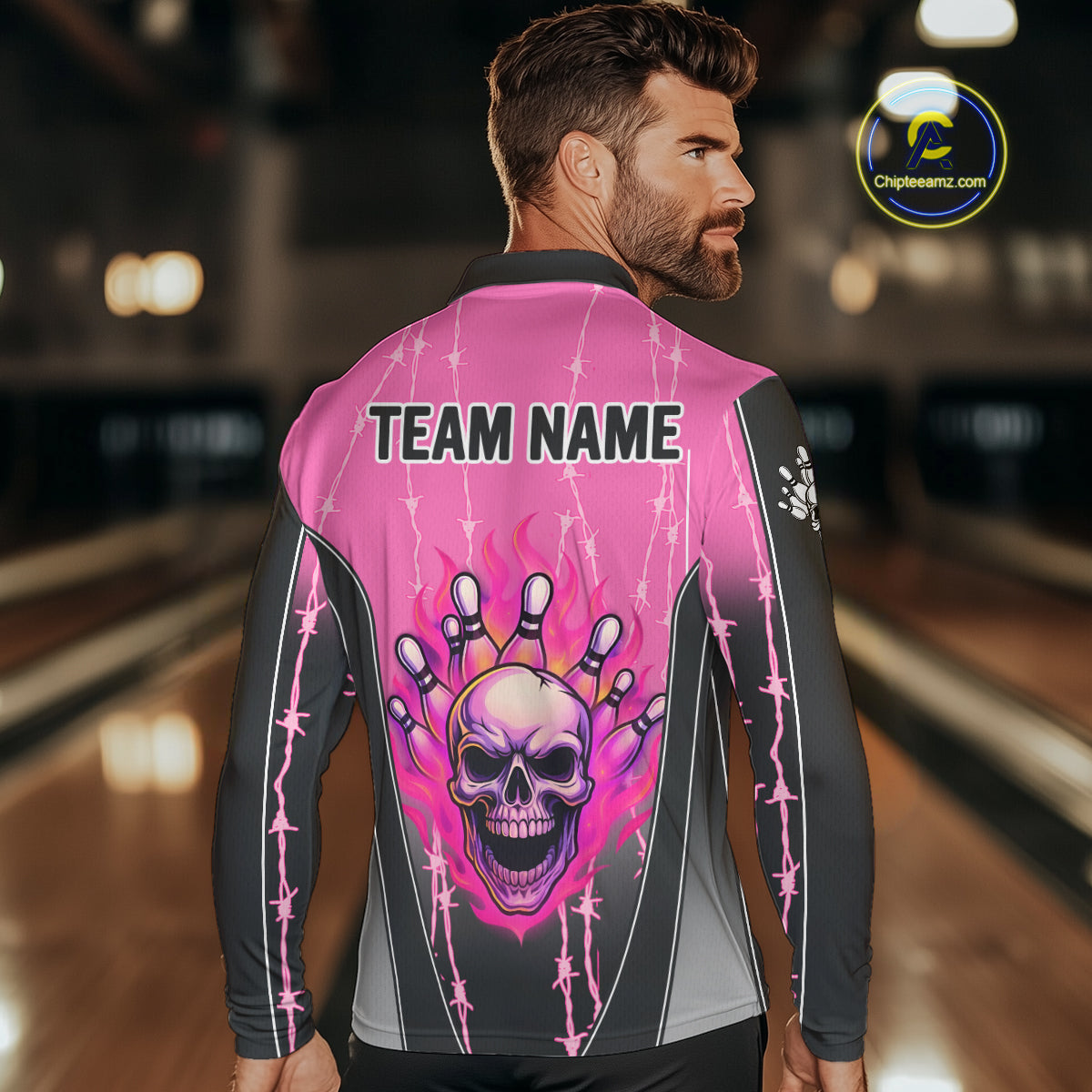 Black and pink flame skull Bowling Polo, 1/4 Zip Shirt for men Custom Team Bowling League Jersey NQS10203