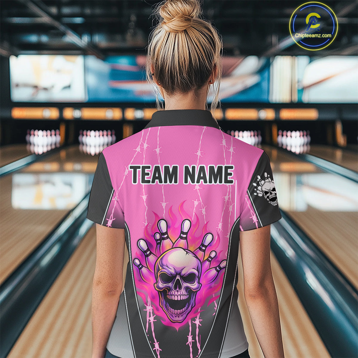 Black and pink flame skull Bowling Polo, 1/4 Zip Shirt for Women Custom Team Bowling League Jersey NQS10203