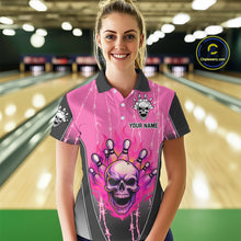 Load image into Gallery viewer, Black and pink flame skull Bowling Polo, 1/4 Zip Shirt for Women Custom Team Bowling League Jersey NQS10203