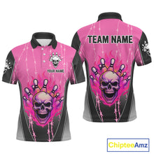 Load image into Gallery viewer, Black and pink flame skull Bowling Polo, 1/4 Zip Shirt for men Custom Team Bowling League Jersey NQS10203