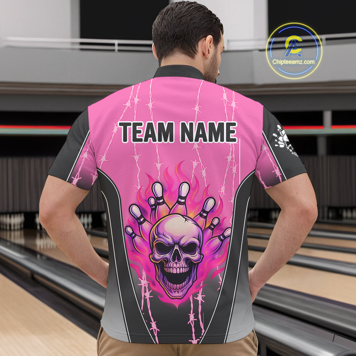 Black and pink flame skull Bowling Polo, 1/4 Zip Shirt for men Custom Team Bowling League Jersey NQS10203