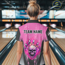 Load image into Gallery viewer, Black and pink flame skull Bowling Polo, 1/4 Zip Shirt for Women Custom Team Bowling League Jersey NQS10203