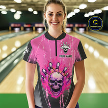 Load image into Gallery viewer, Black and pink flame skull Bowling Polo, 1/4 Zip Shirt for Women Custom Team Bowling League Jersey NQS10203