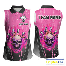Load image into Gallery viewer, Black and pink flame skull Bowling sleeveless polo Shirt for Women Custom Team Bowling League Jersey NQS10203