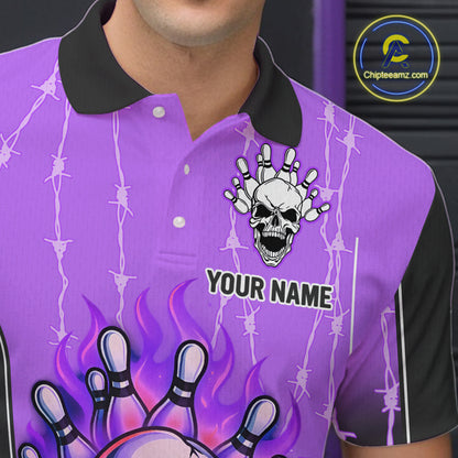 Black and purple flame skull Bowling Polo, 1/4 Zip Shirt for men Custom Team Bowling League Jersey NQS10204
