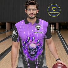 Load image into Gallery viewer, Black and purple flame skull Bowling Polo, 1/4 Zip Shirt for men Custom Team Bowling League Jersey NQS10204