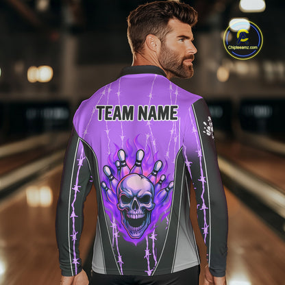 Black and purple flame skull Bowling Polo, 1/4 Zip Shirt for men Custom Team Bowling League Jersey NQS10204