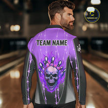 Load image into Gallery viewer, Black and purple flame skull Bowling Polo, 1/4 Zip Shirt for men Custom Team Bowling League Jersey NQS10204