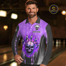 Load image into Gallery viewer, Black and purple flame skull Bowling Polo, 1/4 Zip Shirt for men Custom Team Bowling League Jersey NQS10204