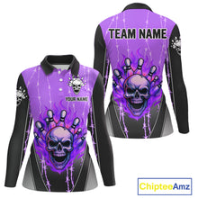 Load image into Gallery viewer, Black and purple flame skull Bowling Polo, 1/4 Zip Shirt for Women Custom Team Bowling League Jersey NQS10204
