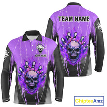 Load image into Gallery viewer, Black and purple flame skull Bowling Polo, 1/4 Zip Shirt for men Custom Team Bowling League Jersey NQS10204