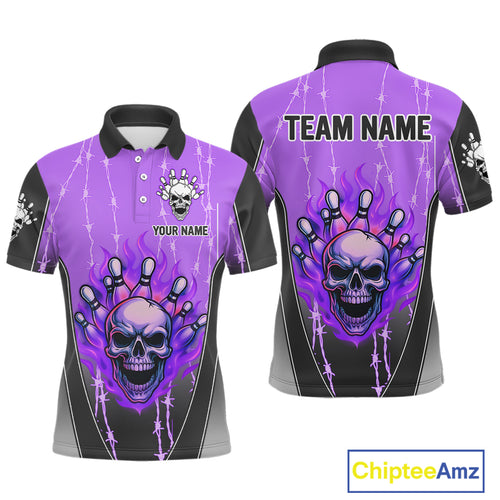 Black and purple flame skull Bowling Polo, 1/4 Zip Shirt for men Custom Team Bowling League Jersey NQS10204