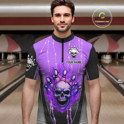 Black and purple flame skull Bowling Polo, 1/4 Zip Shirt for men Custom Team Bowling League Jersey NQS10204