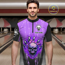 Load image into Gallery viewer, Black and purple flame skull Bowling Polo, 1/4 Zip Shirt for men Custom Team Bowling League Jersey NQS10204