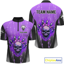 Load image into Gallery viewer, Black and purple flame skull Bowling Polo, 1/4 Zip Shirt for men Custom Team Bowling League Jersey NQS10204