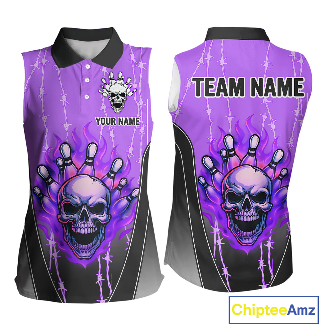 Black and purple flame skull Women Bowling sleeveless polo Shirt Custom Team Bowling League Jersey NQS10204