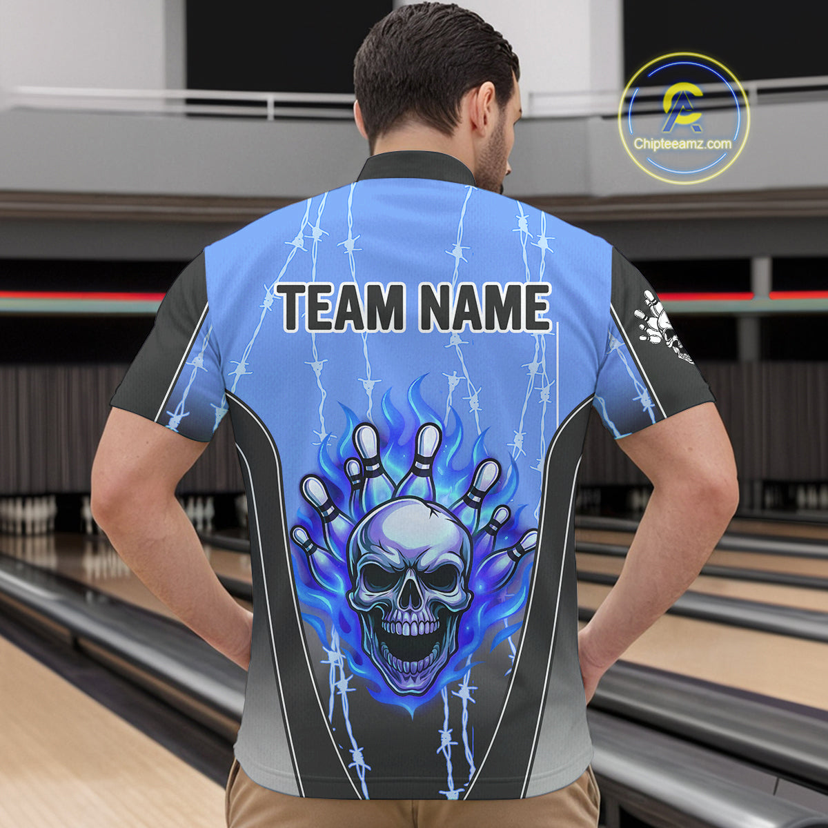 Black and blue flame skull Bowling Polo, 1/4 Zip Shirt for men Custom Team Bowling League Jersey NQS10205