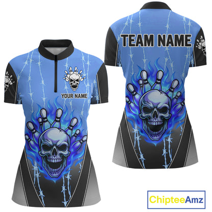 Black and blue flame skull Bowling Polo, 1/4 Zip Shirt for Women Custom Team Bowling League Jersey NQS10205