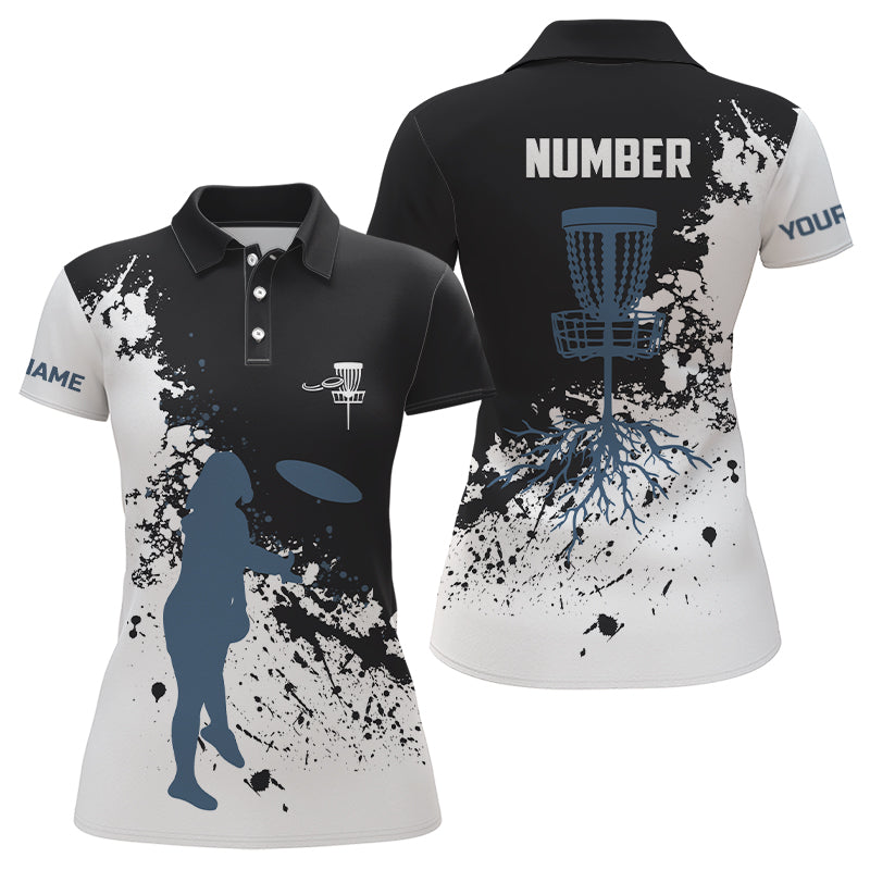 Black and white Womens disc golf polo shirt custom name and number disc golf jerseys, ladies golf tops NQS6051