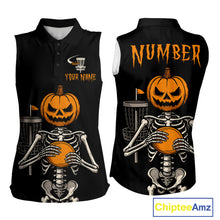 Load image into Gallery viewer, Black and Orange Halloween disc golf skull custom Women sleeveless polo shirt, disc golf gifts NQS10788