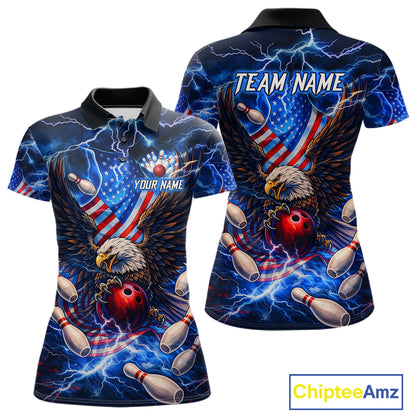 US Flag Eagle Bowling Shirts for Women Custom Blue Lightning Thunder Patriotic Team Bowling Jerseys NQS11581