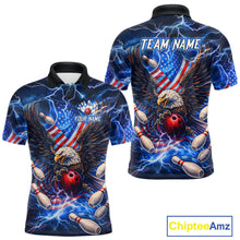 Load image into Gallery viewer, US Flag Eagle Bowling Shirts for Men Custom Blue Lightning Thunder Patriotic Team Bowling Jerseys NQS11581