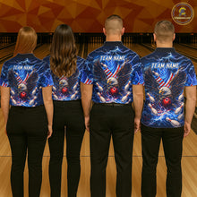 Load image into Gallery viewer, US Flag Eagle Bowling Shirts for Men Custom Blue Lightning Thunder Patriotic Team Bowling Jerseys NQS11581