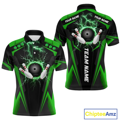 Black Men bowling Polo, Quarter Zip shirt Custom lightning thunder team league bowling jersey | Green NQS10374