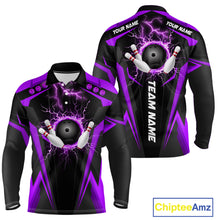 Load image into Gallery viewer, Black Men bowling Polo, 1/4 Zip shirt Custom lightning thunder team league bowling jersey | Purple NQS10375