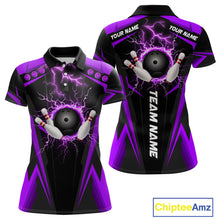 Load image into Gallery viewer, Black Women bowling Polo, 1/4 Zip shirt Custom lightning thunder team league bowling jersey | Purple NQS10375
