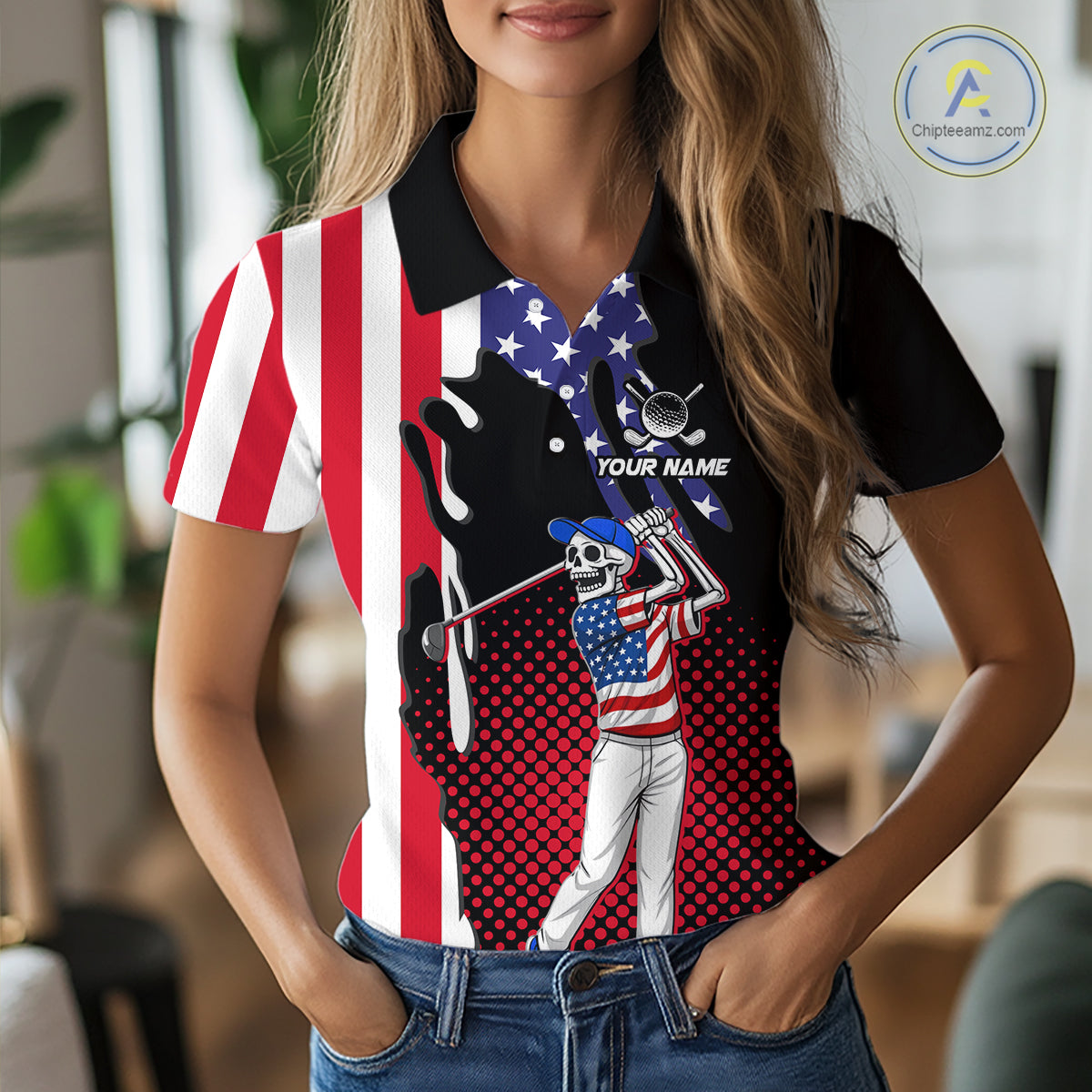 Personalized US flag golf shirts funny skull women's patriotic golf shirts custom ladies golf apparel NQS11384