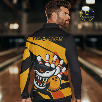 Black and yellow shark Bowling polo, quarter zip shirt for men custom Shark Bowling team league shirt NQS10393