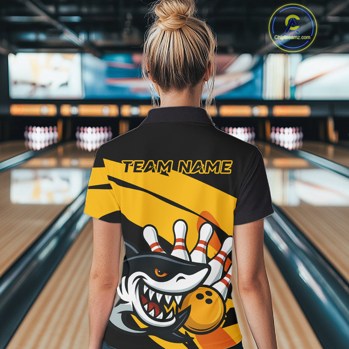 Black and yellow shark Women Bowling polo, quarter zip shirt custom Shark Bowling team league shirt NQS10393