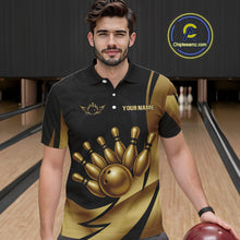 Load image into Gallery viewer, Black and Gold Mens Bowling Polo, Quarter Zip Shirts Custom Team Bowling League Jersey NQS10079