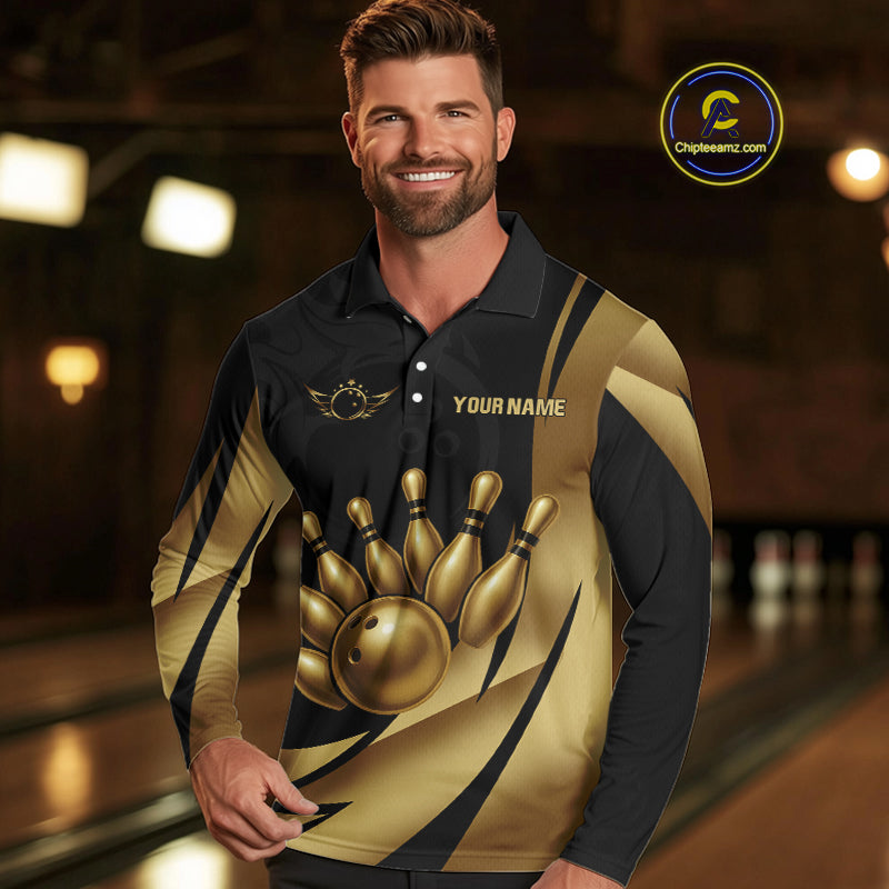 Black and Gold Mens Bowling Polo, Quarter Zip Shirts Custom Team Bowling League Jersey NQS10079