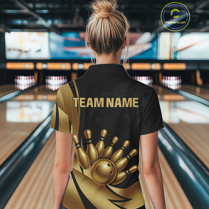 Black and Gold Women Bowling Polo, Quarter Zip Shirts Custom Team Bowling League Jersey NQS10079