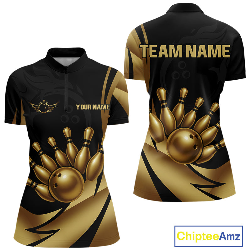Black and Gold Women Bowling Polo, Quarter Zip Shirts Custom Team Bowling League Jersey NQS10079