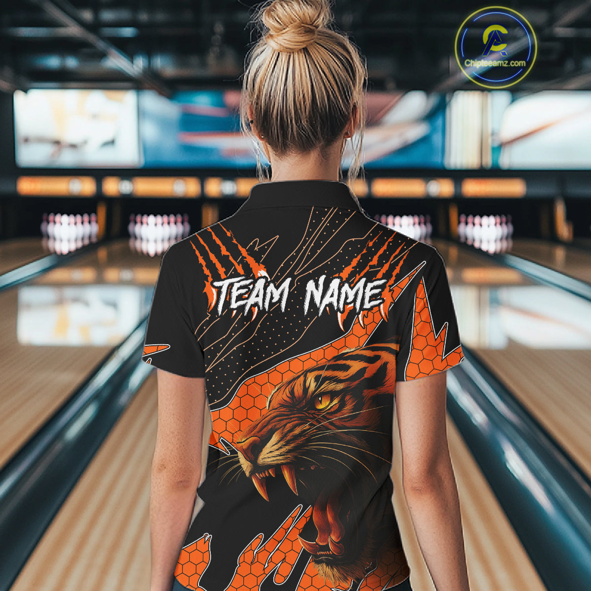 Personalized Tiger Bowling Team Women Polo, Quarter Zip Shirt, Black And Orange Tiger Bowling Jerseys NQS10398