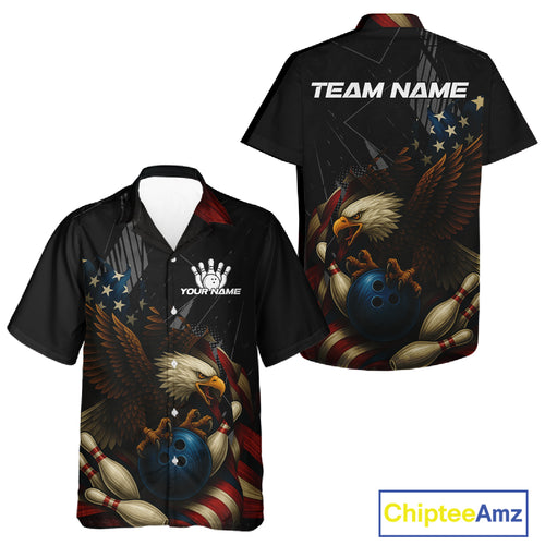 American Flag Eagle Black Bowling Hawaiian Shirt Custom Patriotic Bowling Team Shirt gift for Bowler NQS10606
