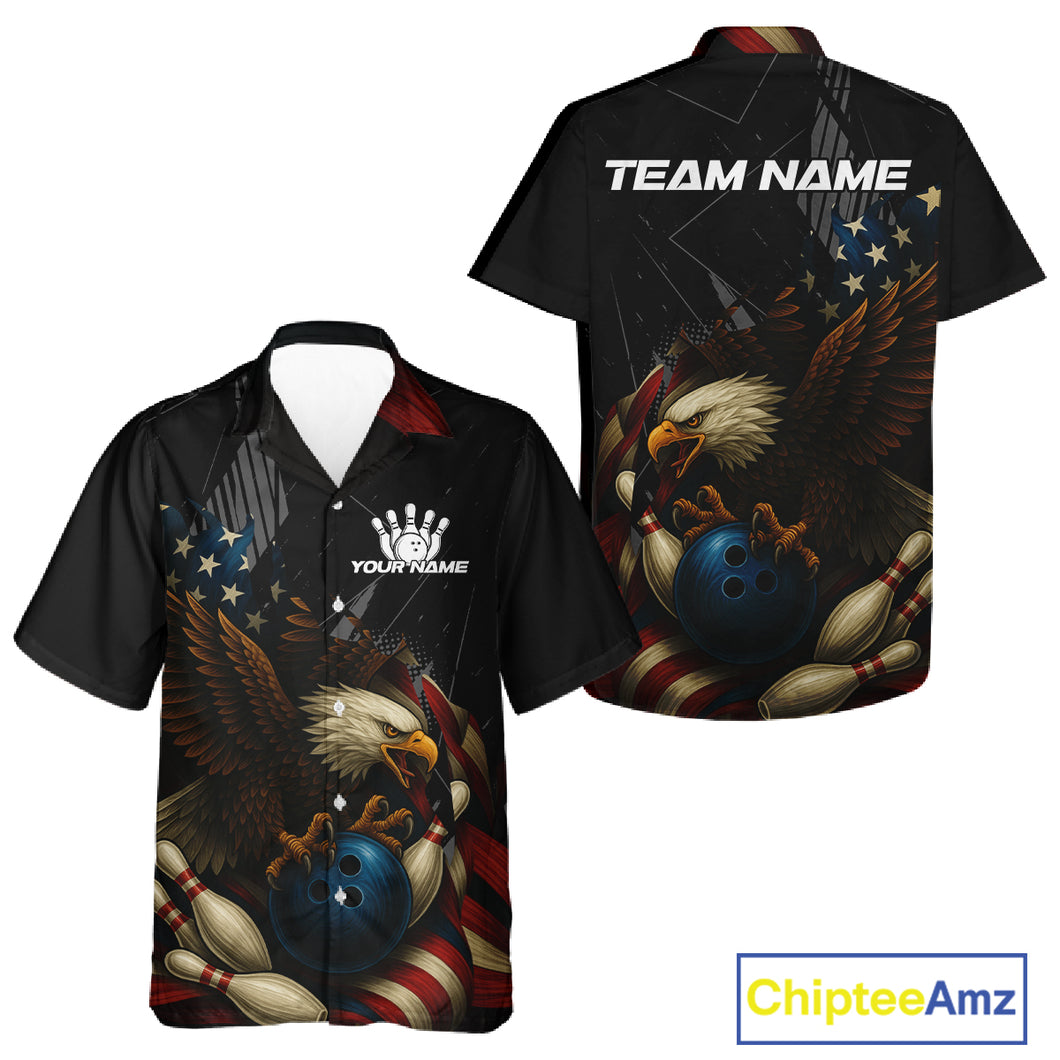 American Flag Eagle Black Bowling Hawaiian Shirt Custom Patriotic Bowling Team Shirt gift for Bowler NQS10606