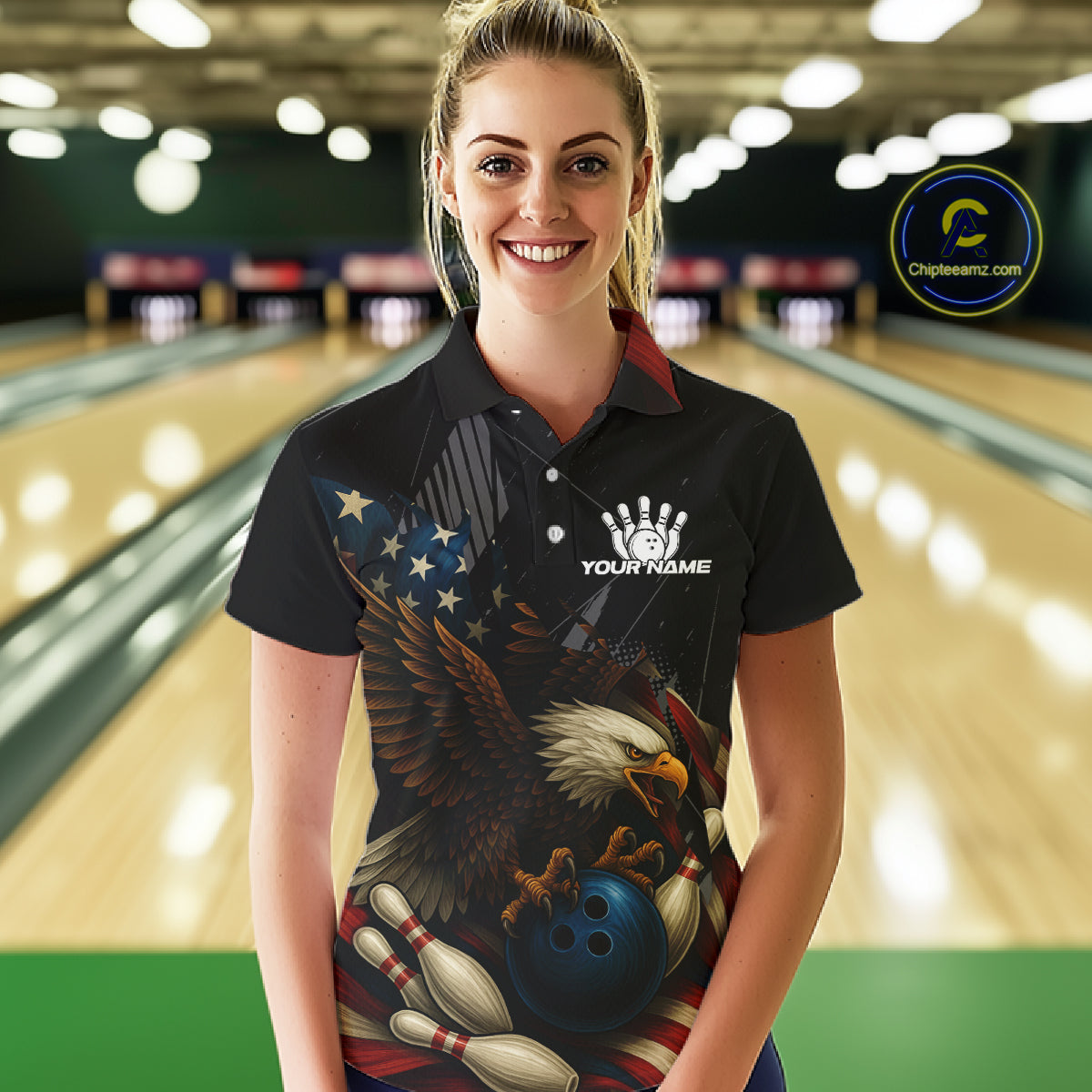 American Flag Eagle Black Bowling Shirts For Women Custom Patriotic Bowling Team Jersey Bowler gifts NQS10606