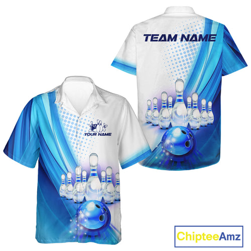 Custom Blue and White Bowling Hawaiian Shirt, Bowlers Outfit NQS10607